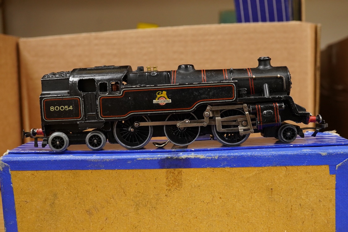 A collection of Hornby Dublo railway for 3-rail running, including two locomotives; an LMS Duchess of Athol 4-6-2, locomotive box, tender unboxed, and a boxed BR Standard Class 4 2-6-4T, 80054, together with five boxed b